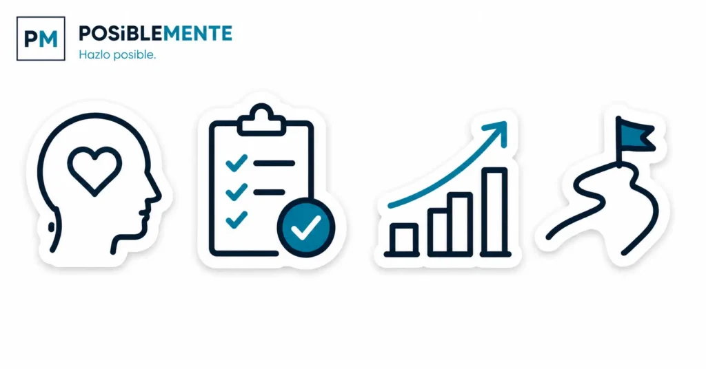 Iconos de mentalidad, planificación, crecimiento y camino hacia una meta financiera. Representa un icono por cada clase impartida en la semana de la inversion.