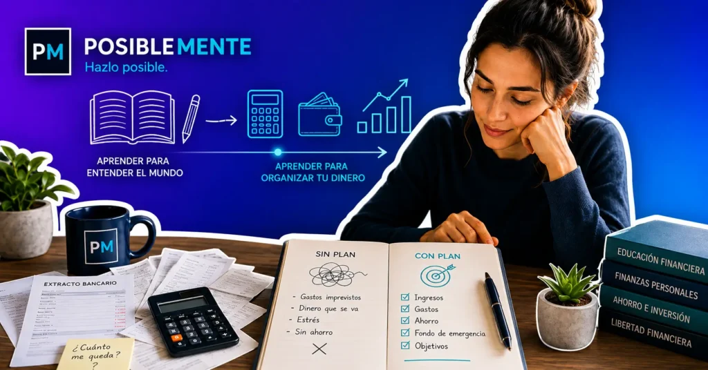 Mujer aprendiendo educación financiera y organizando ingresos, gastos, ahorro y objetivos personales.