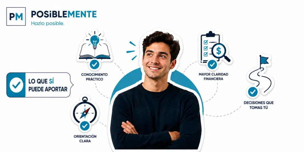 Joven optimista rodeado de iconos que representan conocimiento práctico, orientación, claridad financiera y decisiones personales.