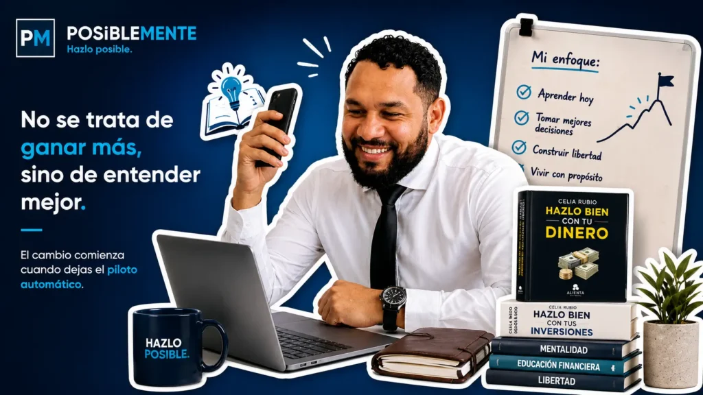 Jesús Reyes reflexiona sobre educación financiera junto a un portátil, los libros de Celia Rubio y una pizarra con objetivos de aprendizaje y libertad financiera.