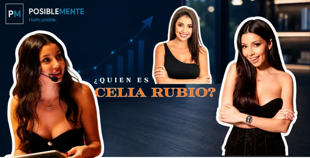 “Celia Rubio, divulgadora de educación financiera, en un collage de sus apariciones profesionales.”