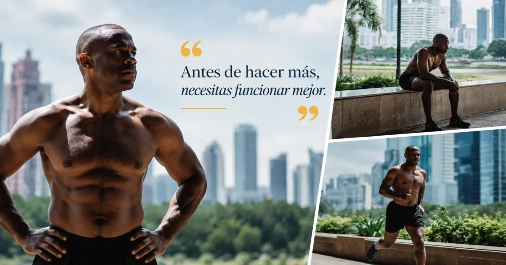 Hombre atlético alternando entre descanso y carrera en un entorno urbano, junto a la frase «Antes de hacer más, necesitas funcionar mejor».