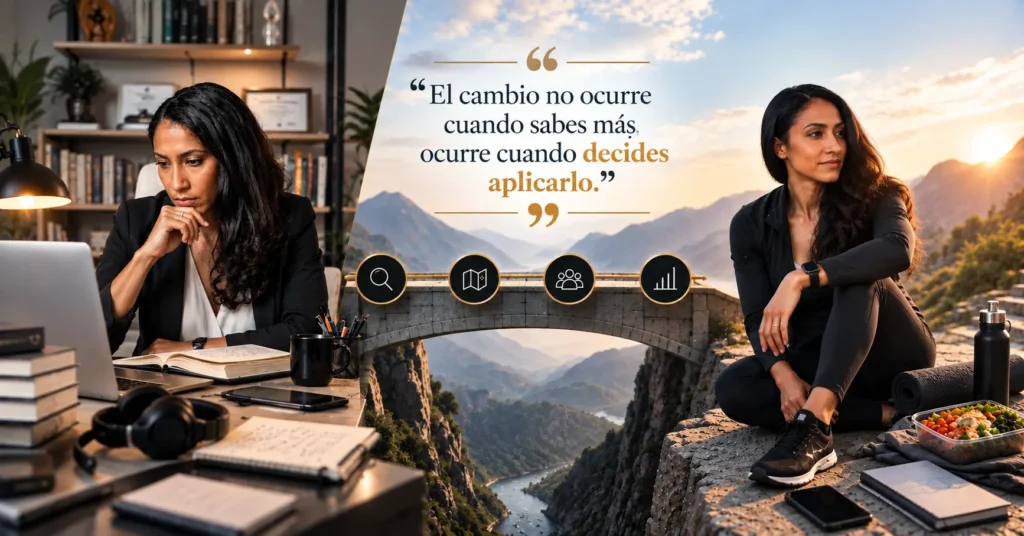 Mujer conectando aprendizaje y acción, junto a la frase «El cambio no ocurre cuando sabes más, ocurre cuando decides aplicarlo».