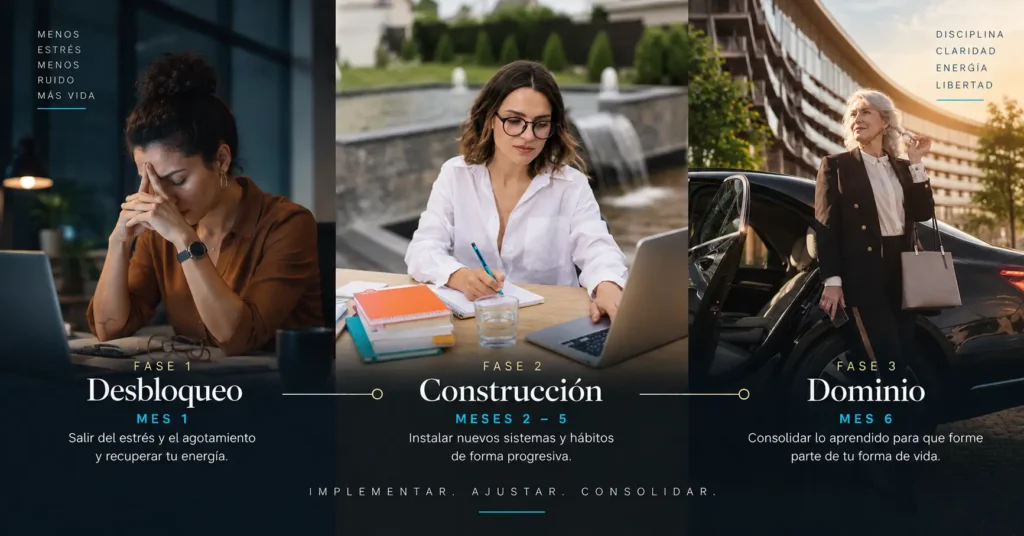 Tres fases de SUPERHUMANO: Desbloqueo en el mes 1, Construcción entre los meses 2 y 5 y Dominio en el mes 6.