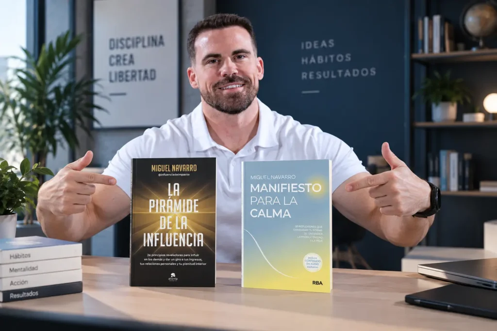Miguel Navarro presenta sus libros “La Pirámide de la Influencia” y “Manifiesto para la calma” en un escritorio.