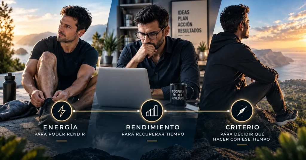 Tres escenas que representan energía, rendimiento y criterio: entrenamiento, trabajo concentrado y reflexión sobre cómo utilizar mejor el tiempo.