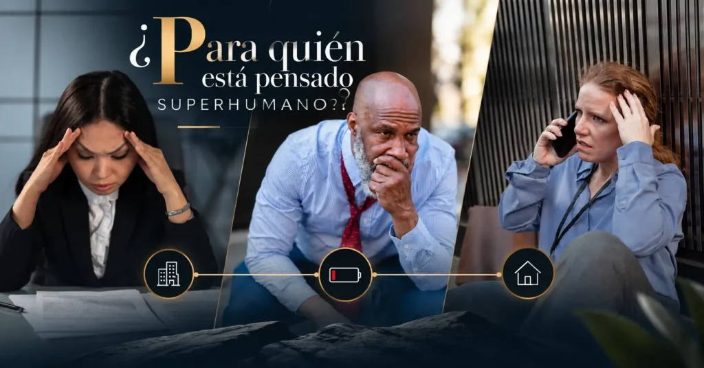 Tres profesionales con signos de estrés y agotamiento, junto al texto «¿Para quién está pensado SUPERHUMANO?» y símbolos de trabajo, energía y vida personal.