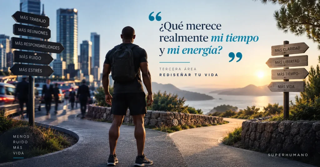 Hombre ante dos caminos entre una ciudad llena de responsabilidades y un paisaje abierto, junto a la pregunta «¿Qué merece realmente mi tiempo y mi energía?».