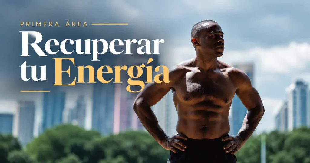 Hombre atlético en un entorno urbano junto al texto «Primera área: Recuperar tu energía».