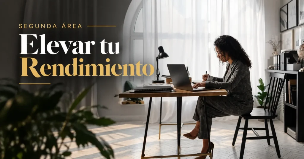 Mujer trabajando concentrada frente a un portátil en un espacio luminoso, junto al texto «Segunda área: Elevar tu rendimiento».