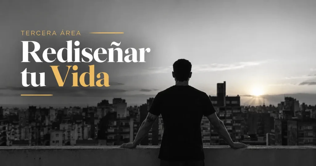 Hombre contemplando la ciudad al atardecer junto al texto «Tercera área: Rediseñar tu vida».